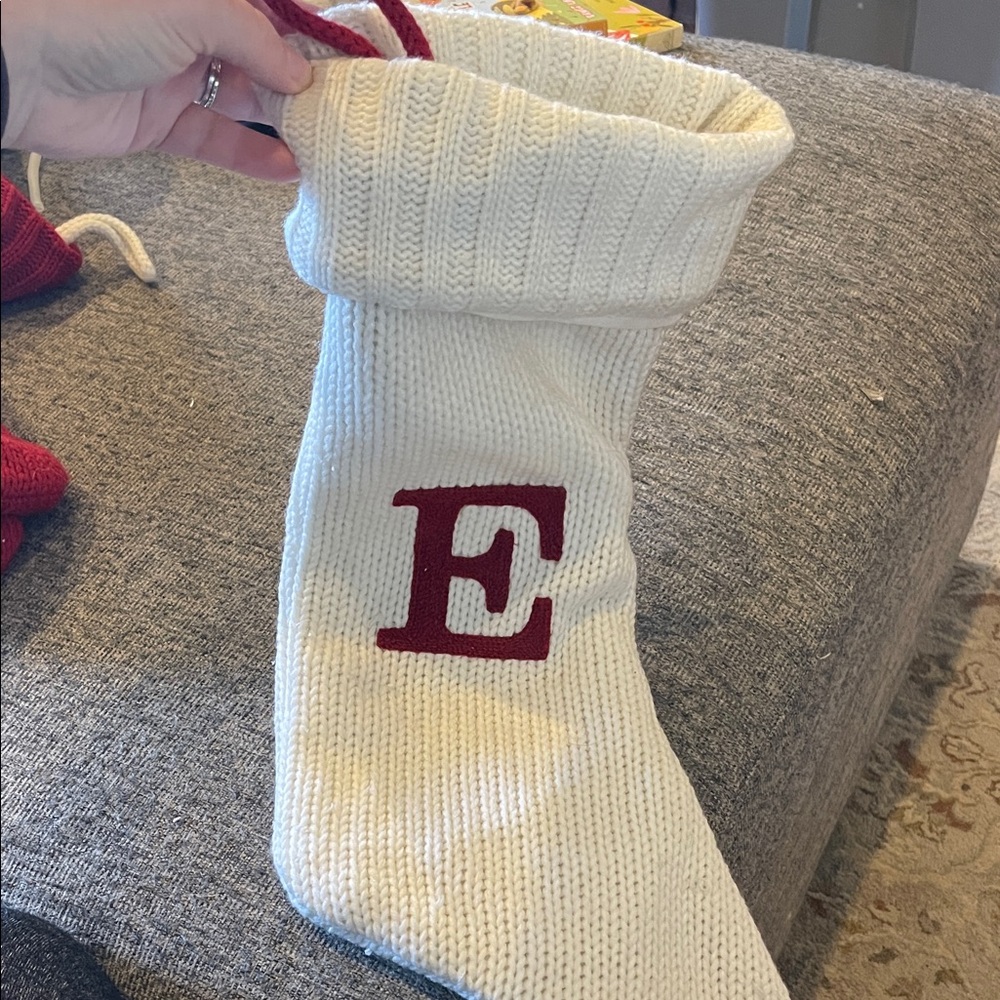 White Knit Christmas Stocking with Red E